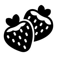 two strawberries are shown in this black and white icon, one is half eaten