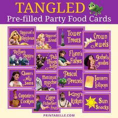 tangled pre - filled party food cards with images of princesses, rapps and other characters