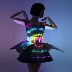 Smart Pixel Rainbow Dress Glow Party Outfit, Glow Outfits, Light Up Clothes, Neon Prom Dresses, Light Up Dresses, Led Costume, Neon Dresses, Eva Dress, Lit Outfits