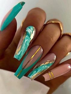 Multicolor  Collar    Color Nails Embellished   Nail,Hand & Foot Care Marble Design Nails, Green And Gold Marble Nails, Teal And Gold Nails Acrylic, Nails Marble, Blue Gold Marble Nails, Green Gold Marble Nails, Teal And Gold Nails Coffin, Turquoise White And Gold Nails, Pink Coffin