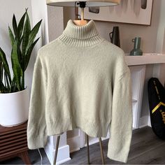 Pale Green/Cream Color Brand Is H&M Size Xs Never Worn (Has Been In The Wash Once Just To Freshen It Up) H&m Casual Beige Sweater, Green Soft Knit Crew Neck Top, H&m Cream Long Sleeve Top, Green Soft-washed Crew Neck Top, H&m Beige Long Sleeve Sweater, Oversized Turtleneck Sweater, Oversized Turtleneck, Green Cream, Pale Green