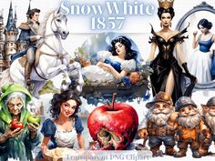 snow white and the seven dwarfs are depicted in this collage, including an apple