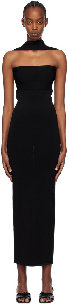 Knit stretch viscose-blend dress. Panel and cutout at straight neck for alternate styling. · Rib knit hem · Open back Supplier color: Black Mid Length Dresses, Black Slip Ons, Mid Length, Midi Length, Knit Dress, Open Back, Apparel Accessories, Rib Knit, Ribbed Knit