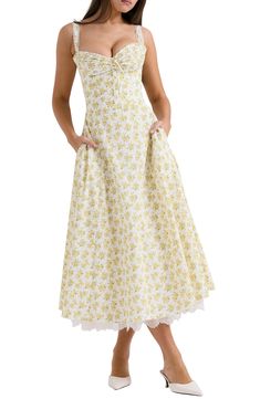 HOUSE OF CB Rosalee Floral Stretch Cotton Petticoat Dress | Nordstrom Spring Midi Dress With Empire Waist And Lined Bodice, Summer Dresses With Princess Seams And Fitted Bodice, Spring Midi Dress With Lined Bodice And Full Skirt, Spring Fitted Dresses With Princess Seams, Feminine Full Skirt Dresses For Spring, Ruffled Full Skirt Dresses For Garden Party, Feminine Full Skirt Floral Print Dress, Feminine Floral Print Dress With Full Skirt, Feminine Full Skirt Dress With Floral Print