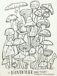 a drawing of mushrooms with numbers on them