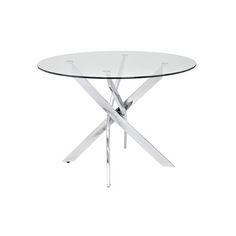 a round glass table with metal legs