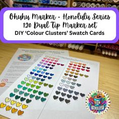 an image of many heart shaped stickers on top of a table with text overlay that reads, ohuhy maker - handmade series 120 bent tip marker set diy color clusters's watch cards