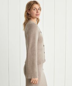 Cooper Cardigan Taupe Featuring a structured hourglass silhouette and a very slight bell sleeve, this chic knit is unlike anything we’ve done before. Ultra-soft wool cashmere and a classic shape are easily styled with everything from wide-leg trousers to your favorite skirt. 70% wool, 30% cashmere. Made in China of Peruvian yarn. Fitted button-down cardigan. Clothing Wishlist, Hourglass Silhouette, Jenni Kayne, Bell Sleeve Sweater, Soft Wool, Look Alike, A Name, Wide Leg Trousers, Bell Sleeve