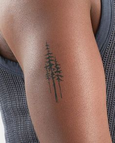 a person with a tattoo on their arm and trees in the back, behind them