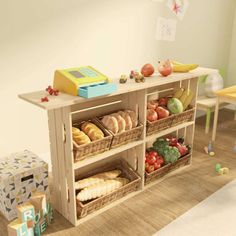 a wooden shelf filled with lots of different types of bread and fruit on top of a hard wood floor