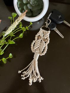 a keychain and some plants on a table