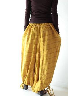 "Beautiful double layer fabric made of cotton/linen blend. High quality and stunning beauty. The fabric is unbleached and undyed, you can see the bark fibres in it! Subtle stripe pattern Drop-crotch style pants, baggy pants, tribal pants with a twist. 3 ways to wear. with drawstring on the hem. You can wear it with drawstring loose. Like a wide leg pants. Even look like A shape sweet skirt. You can also draw the string and get a balloon shape pants. Or...you can put the hem above your knee and g Sarouel Pants, Funky Pants, All Colour, Pants Linen, Balloon Pants, Hippie Pants, Baggy Pants, Baggy Pant, Linen Pants