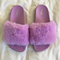 Brand New, Never Worn Has A Hard Bottom Purple Fuzzy Slides Slippers Rhinestones Around The Edges Bubble Slides Light Purple, Purple Slides, Spring Purple Synthetic Slides, Pink Fluffy Winter Slippers, Fuzzy Slides, Pink Fur Slides, Fluffy Shoes, Slides Slippers, Shoes Purple