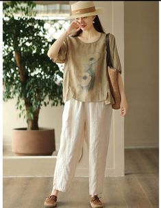 Details: Gender: Women Item Type: T-Shirt Material: Linen Pattern Type: Print Season: Summer Style: Leisure, Daily, Retro Occasion: Going Out, Daily Size: One Size Length: 57.00 - 62.00 cm/ 22.44 - 24.41 " Bust: 118.00 cm/ 46.46 " Shoulder: 42.00 cm/ 16.54 " Sleeve: 30.00 cm/ 11.81 " Summer Khaki Crew Neck Tops, Khaki Short Sleeve T-shirt For Spring, Spring Khaki Crew Neck Top, Khaki Crew Neck Tops For Spring, Khaki Graphic Print Short Sleeve Tops, Summer Khaki Crew Neck T-shirt, Summer Khaki T-shirt With Relaxed Fit, Khaki Crew Neck T-shirt For Summer, Khaki Crew Neck T-shirt