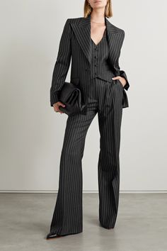 Chic Striped Workwear Pants, Wide Leg Pants With Vertical Stripes For Office, Striped Straight Dress Pants For Work, Wide-leg Pants With Vertical Stripes For Workwear, Chic Striped Office Pants, Chic Full Length Striped Pants, Chic Striped Full-length Pants, Chic Vertical Stripes Pants For Fall, Tailored Vertical Striped Pants For Office