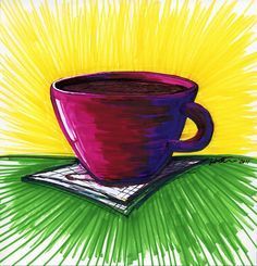 a drawing of a coffee cup on top of a book with sunburst in the background