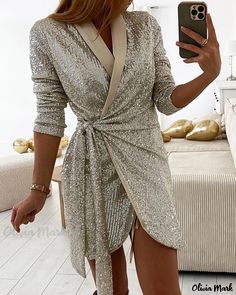 Olivia Mark - Sequin Embellished Wrap Dress with Tied Detail Floral Chiffon Maxi Dress, Wrap Shorts, Women's Evening Dresses, Dress With Tie, Hip Dress, Long Sleeve Mini, Long Sleeve Romper, Long Sleeve Mini Dress, Above Knee