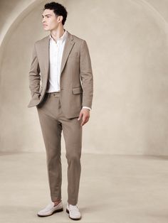 Tailored-Fit Knit Suit Trouser | Banana Republic Factory Beige Jacket Black Pants Men Wedding, Earth Tone Men Outfit Wedding, Men Formal Wedding Attire, Light Brown Groom Suit, Men’s Casual Suit, Earth Tone Men Outfit, Mens Cocktail Attire, Light Brown Suit, Mens Wedding Guest Outfit