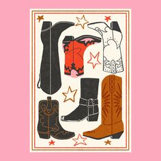 an illustration of cowboy boots and stars on a pink background with the words, i'm