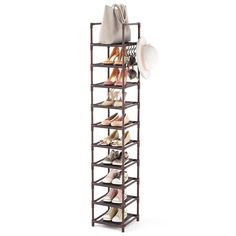 the shoe rack is holding many pairs of shoes