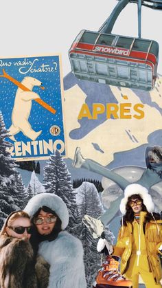 two women standing in front of an advertisement for the ski resort apres, with a cable car above them