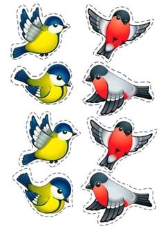 four birds with different colors are shown in the shape of stickers on a white background