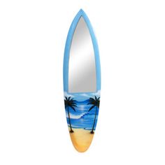 a surfboard shaped mirror with palm trees painted on the front and sides, hanging from a wall