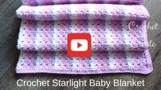 a crochet baby blanket is shown with the video title in red and white