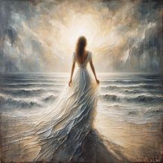 a painting of a woman in white dress standing on the beach looking at the ocean