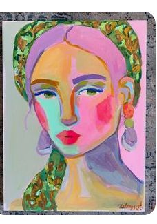 a painting of a woman's face with earrings on her head, in pastel colors