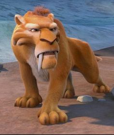 an animated lion standing on top of a sandy beach next to the ocean with his mouth open