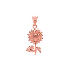 "14k solid gold Sunflower Pendant. measures 1\" by 1/2\". high polish finish." Rose Gold Flower Pendant Jewelry, 14k Rose Gold Jewelry With Flower Charm, Rose Gold Pendant Jewelry With Flower Charm, 14k Yellow Gold Jewelry With Flower Charm, 14k Gold Flower Shaped Rose Gold Jewelry, 14k Rose Gold Flower-shaped Jewelry, 14k Rose Gold Flower Jewelry, Rose Gold Flower-shaped 14k Gold Jewelry, Rose Gold 14k Flower Shaped Jewelry