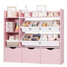 a pink shelf filled with lots of toys