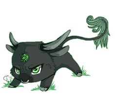 an animal with green eyes is running through the grass and has long horns on it's head