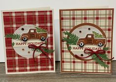 two christmas cards with the words happy holidays and an image of a truck on it