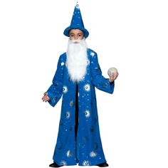 a man in a blue wizard costume holding a ball and wearing a white beard with stars on it