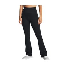 Wildly soft and insanely flattering, the Under Armour� Flare Pants for Ladies are not only lightweight, breathable, and fast drying. Plus, they're buttery smooth, and they sculpt your body in all the right places. Lycra� ADAPTIV fiber maintains softness as it stretches for unparalleled comfort through every move. This stretchy performance fabric wicks sweat and dries fast. Shaped, high-rise waistband with an improved fit and feel. 2 side drop-in pockets keep small essentials close. Updated gusset design reduces friction points. These women's leggings from Under Armour offer a fitted, streamlined feel that's not too tight or too loose. Made of 90% polyester/10% elastane. Machine wash. Imported.  Manufacturer style #: 1382531.  Made of 80% polyester/10% elastane;   Super, stretchy performanc Go-dry Elastane Bottoms With 5-inch Inseam, Elastane Straight Leg Gym Bottoms, Micro-elastic Athleisure Long Pants, Micro-elastic Long Athleisure Pants, Compressive Wide Leg Athleisure Bottoms, Micro-elastic Full Length Go-dry Pants, Micro-elastic Go-dry Full Length Pants, Under Armour Fitted Sports Pants, Under Armour Fitted Sports Bottoms