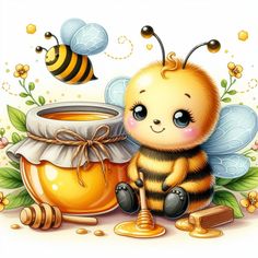 a cute little bee sitting next to a jar of honey