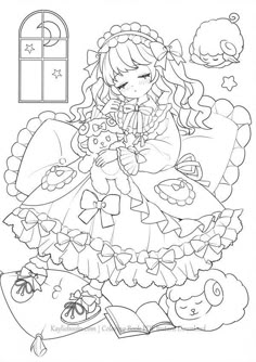 a coloring page with a girl holding a teddy bear in her arms and reading a book