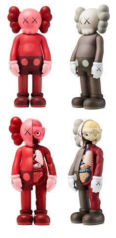 three different types of toy figures are shown in the same color and size, one is red