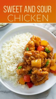 sweet and sour chicken on a plate with rice in the background text reads, sweet and sour chicken