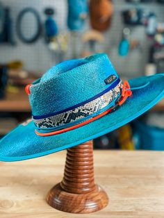 Summer Sunset - Shady Days Artisan Panama Hat With Curved Brim For Kentucky Derby, Artisan Fitted Hat For The Beach, Custom Fitted Hat With Curved Brim, Custom Fitted Hats With Curved Brim, Custom Fitted Brimmed Hat, Blue Artisan Hat With Flat Brim, Artisan Blue Hat With Flat Brim, Artisan Blue Brimmed Hat, Artisan Blue Flat Brim Hat