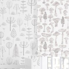 two wallpapers with trees and mushrooms on them, one in grey and the other in white