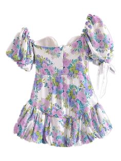 Sexy Short Lantern sleeve One Shoulder Party Dresses Retro Women Spliced Bow Bandage Floral Print Mini Floral Dress, Floral Print Mini Dress, Purple Floral Dress, Green Blue Purple, Retro Women, Hoco Dresses, Lantern Sleeve, Things I Need, Floral Mini Dress