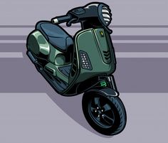 a green scooter parked on the side of a road with no one around it