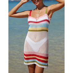 White Knitted Hollw-out Sleeveless Contrast Beach Cover Beach Coverup Pattern, Crochet Beach Dress, Coverup Swimsuit, Rainbow Fashion, Mini Sundress, Backless Top, Mini Slip, Crochet Design, Clothing Details