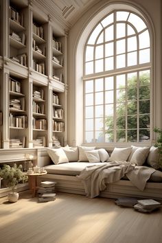 a living room filled with lots of furniture next to a large window covered in books