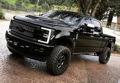 a large black truck parked on top of a brick road in front of a tree