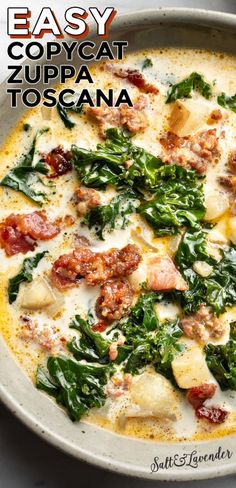 an easy copycat zuppa toscana recipe with spinach and bacon in a white bowl