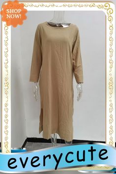 Women's Vintage Casual Plain Long Sleeve Scoop Neck Maxi Dress Spring Khaki Long Sleeve Maxi Dress, Casual Khaki Maxi Dress For Fall, Plain Crew Neck Dress For Spring, Spring Plain Crew Neck Dress, Plain Spring Dress With Crew Neck, Casual Solid Color Longline Midi Dress, Casual Solid Longline Midi Dress, Casual Longline Solid Color Midi Dress, Beige Crew Neck Spring Dress